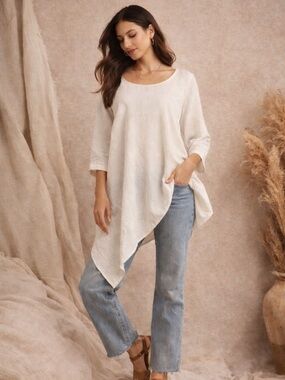 Jones New York Linen Blend Asymmetrical Tunic Cream  White 3/4 Sleeve Flowy Top